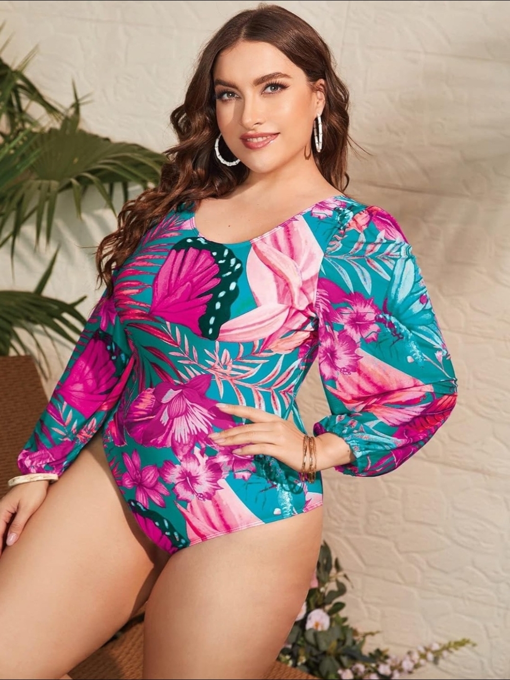 Tropical Floral Mesh Sleeve Swimsuit in Teal & Fuchsia - 2X/3X